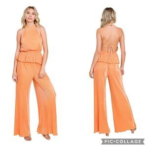 New RolyPoly Orange Pleated Backless Halter Tank Wide Leg Pant Set of 2 Small